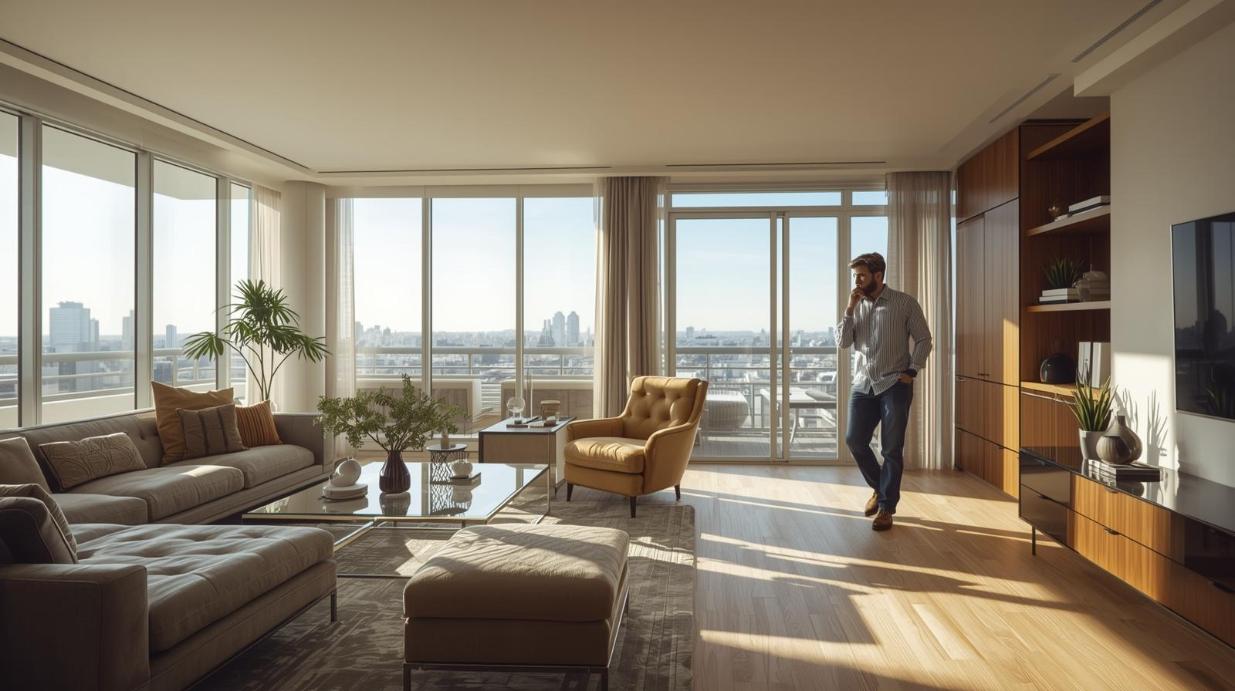 Visitor exploring modern bright showflat interior representing tokenized real estate investment.